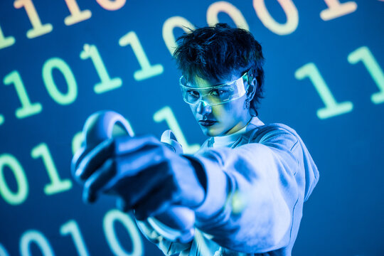 Futuristic cyberpunk woman using VR amid glowing code