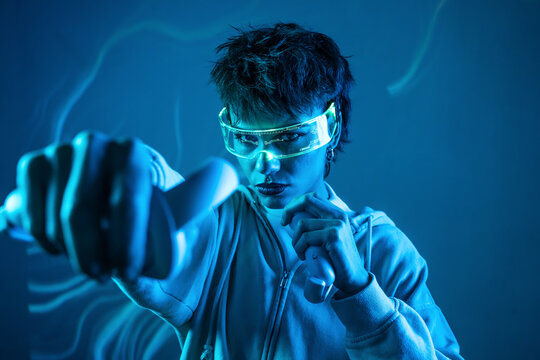 Futuristic woman in VR visor training in neon cyberpunk