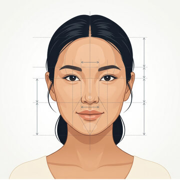 Medical illustration of an Asian woman's face with proportion measurement lines, symmetry grid and golden ratio markers for aesthetic analysis and treatment planning.