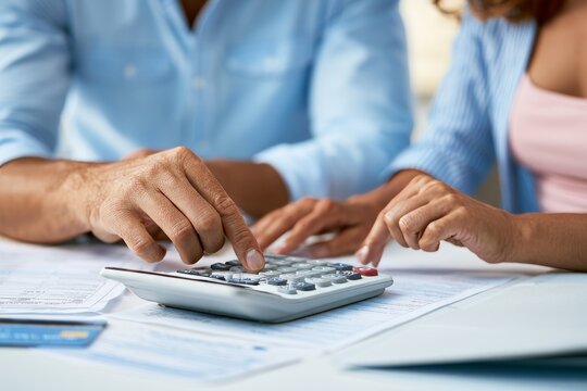 Couple calculating medical bills with calculator and paperwork at home