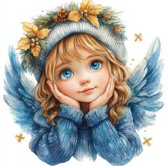 Naklejka premium Watercolor illustration of a Christmas angel smiling peacefully. Clip art, on a white background.