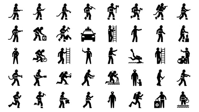Emergency First Responders Silhouette Icons Vector, Firefighters Police Officers Rescue Divers Action Poses Solid Black Shapes Grid White Background