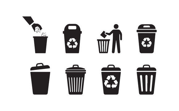 Various trash can icons, including hand putting trash in and recycling bins with symbols.