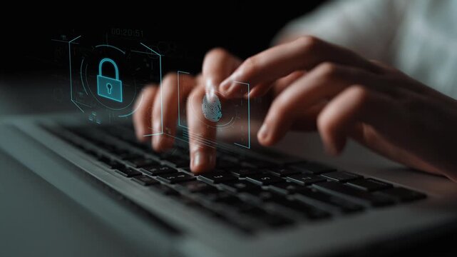 Digital cyber security lock system highlighting data security encryption, cyber password protection, fingerprint ID, cloud storage safety, and cyber security for online access Marrow