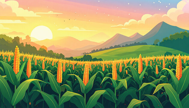 Golden cornfield at sunset rural landscape.