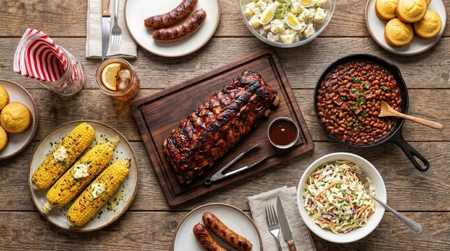 Top view of a rustic barbecue feast featuring grilled ribs, sausages, corn on the cob, potato salad, baked beans, coleslaw, and cornbread on a wooden table