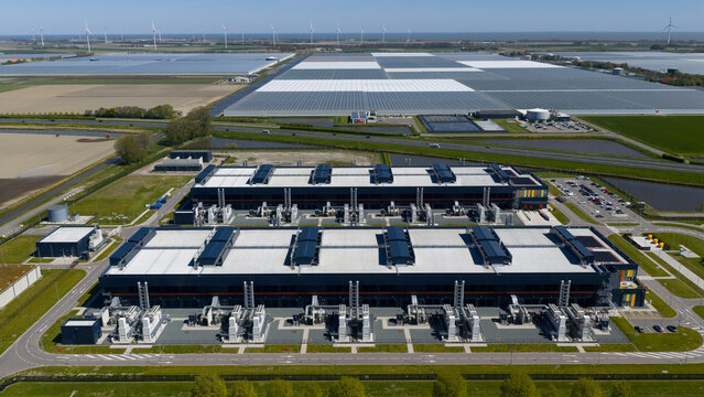 Aerial drone view of dutch hyperscale datacenter campus