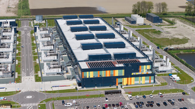 Aerial view of dutch hyperscale datacenter campus infrastructure