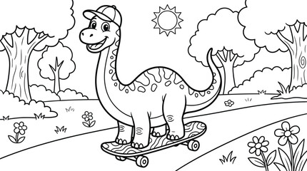 Dinosaur skateboard coloring page fun activity book illustration for kids and toddlers © monoara begum