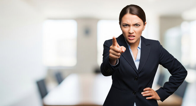 Angry businesswoman pointing finger directly at camera perfect for strict corporate warnings and aggressive professional management