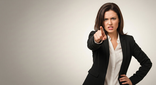 Furious businesswoman pointing aggressively at camera perfect for severe corporate discipline and intense professional accusations