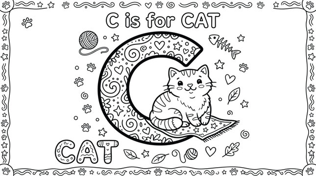 Cat coloring page 'c is for cat' alphabet letter learning activity for kids