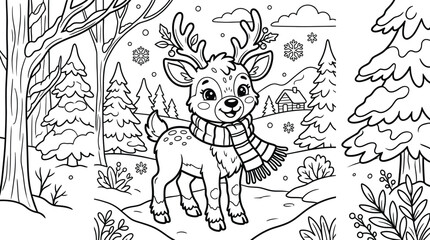 Cute reindeer in winter forest coloring page for kids and adults printable design © monoara begum