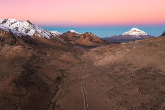 Scenic snow-capped Sajama volcano view in Bolivia Andes