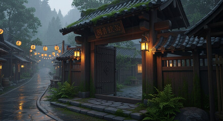 Fototapeta premium Traditional Japanese Village Street and Gate in the Rain at Dusk