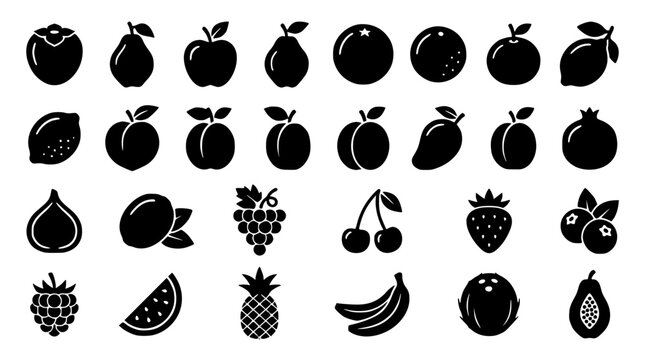 Fruit icons set with isolated black silhouette food vector illustrations for grocery store menus, packaging, and healthy lifestyle design elements
