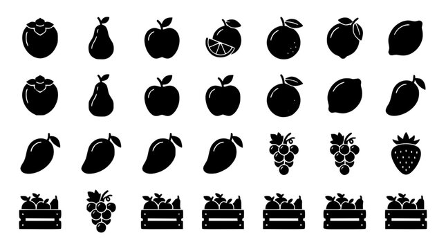 Organic raw fruit silhouette icons grid set with apple orange mango grapes and harvest wooden crates