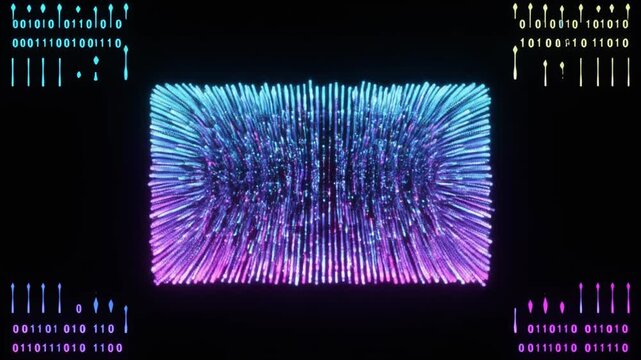 Abstract digital particle flow animation with glowing neon streaks and binary code motion video background