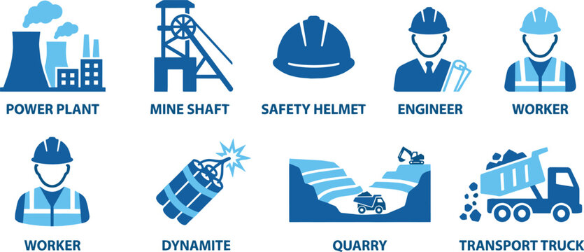 Power plant mine shaft safety helmet engineer worker dynamite quarry transport truck icons for industry.