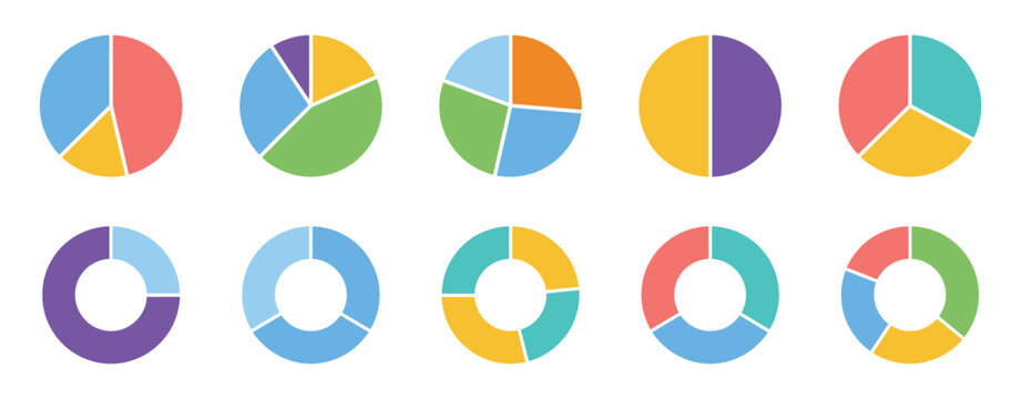 Circle Division Infographic Icons Featuring Pie Charts, Donut Diagrams and Segmented Wheel Fractions as Vector Illustrations