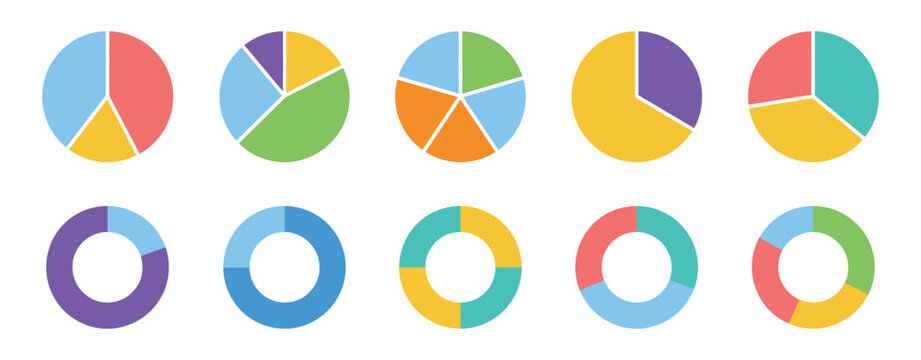 Circle Division Infographic Icons Featuring Pie Charts, Donut Diagrams and Segmented Wheel Fractions as Vector Illustrations