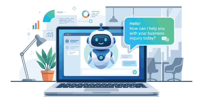 Modern laptop with digital robot assistant on screen offering business help via chat box interface.