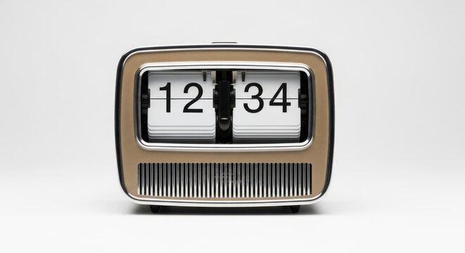 Retro Flip Clock 1234 AM/PM, Vintage Timepiece on White Background