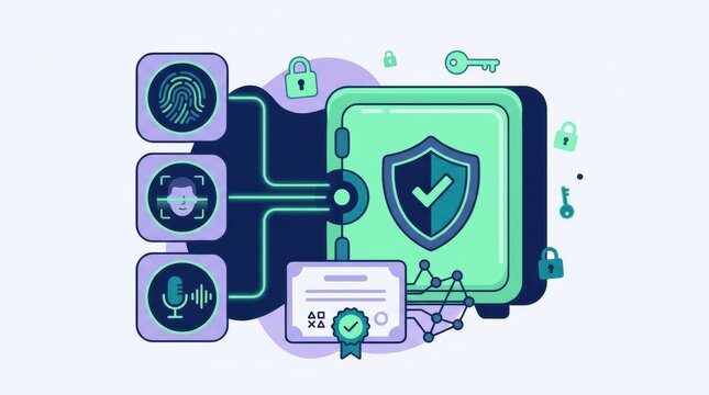 Artwork features tools and symbols related to data protection, including locks, fingerprints, and certificates representing GDPR compliance.