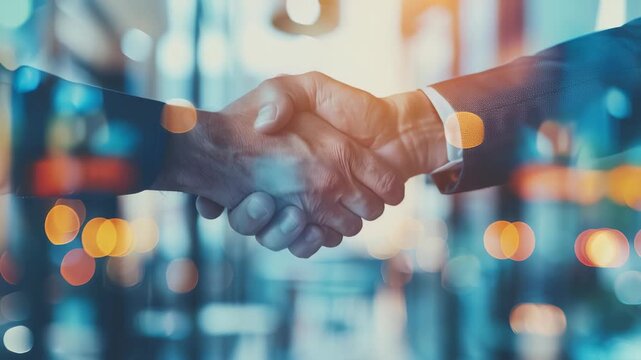 A close-up of a handshake between two individuals in business attire, set against a backdrop of blurred city lights. The image suggests an agreement, deal, or successful partnership.