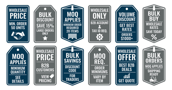 Sales stickers labels collection vector illustration wholesale bulk discounts moq b2b offers