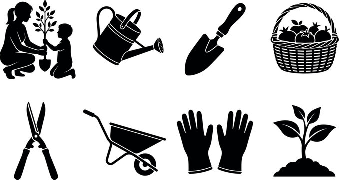 Gardening and spring planting solid black icon set with family gardening tools and wheelbarrow in image_53d27d.pngGardening and spring planting solid black icon set with family gardening tools and whe