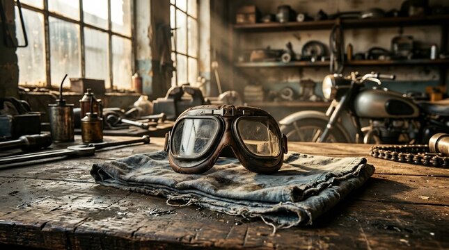 Vintage goggles on a workbench in a cluttered garage or workshop setting with tools