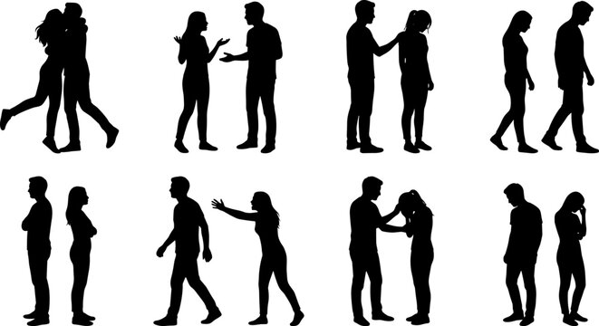 Couple Relationship Problems and Conflict Silhouette Icons Set for Marriage Counseling and Psychology Graphics