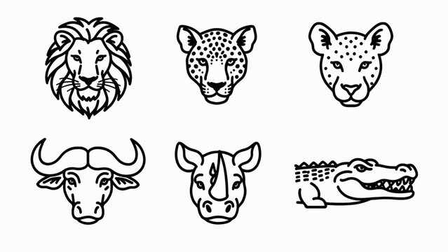 African Big Five Animals Line Art Icons - Lion, Leopard, Rhino, Buffalo, Croc