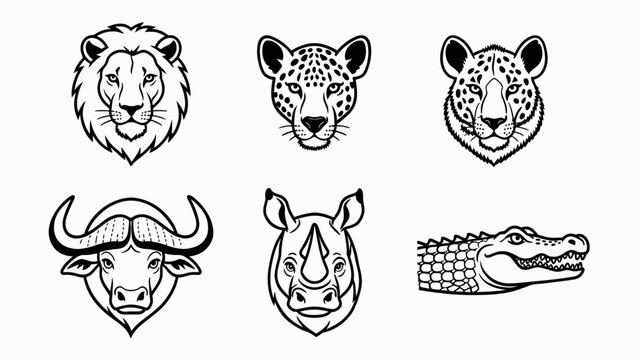 African Big Five Animal Heads Icons Set - Lion, Leopard, Rhino, Buffalo, Croc