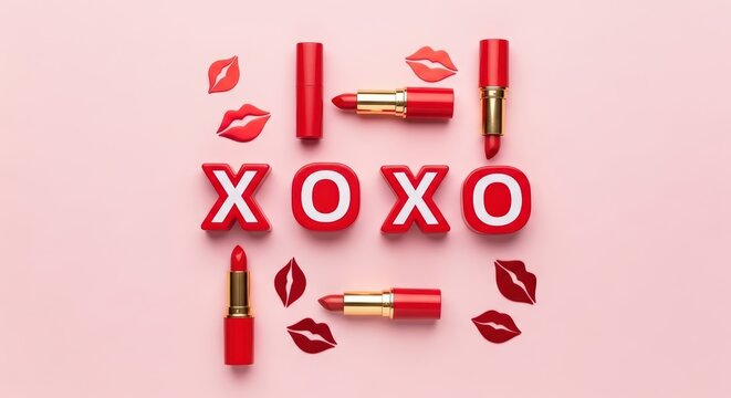 Red lipstick and kiss marks XOXO.
