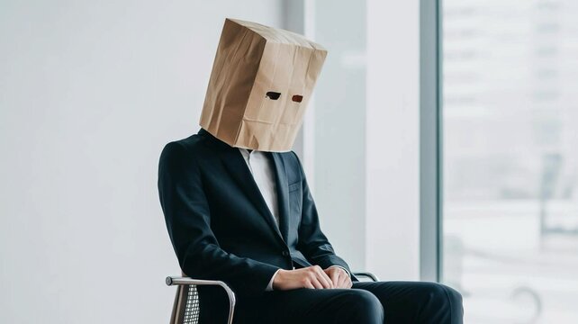 Man wearing a paper bag on his head sitting in a chair in an office setting looking anonymous and mysterious