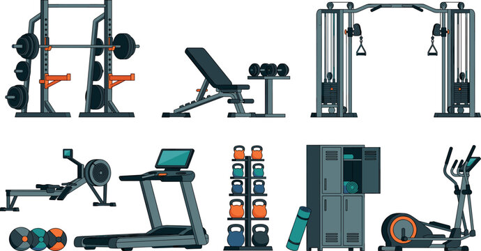 Modern Gym Equipment Vector Icon Set Featuring Treadmill Power Rack Cable Machine Weights and Cardio Cross Trainers for Fitness Club and Workout App Designs