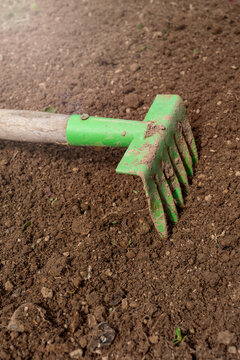 Gardening rake resting on freshly tilled soil
