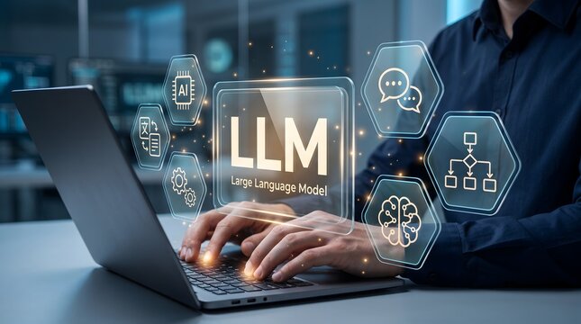 Man Using Laptop Displaying LLM Artificial Intelligence Concept
