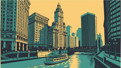 Naklejka premium A boat cruises along the river through a cityscape with skyscrapers and a bridge.