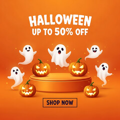 Fototapeta premium Halloween sale with ghosts and pumpkins