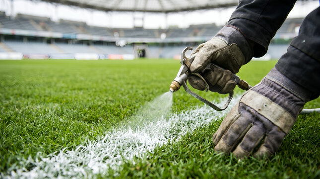 Close-up of groundsman spraying white boundary lines on lush green grass field in professional sports stadium for match preparation