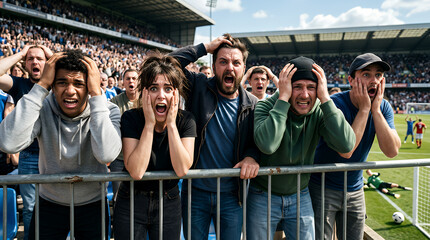 Fototapeta premium Spectators react with shock and disbelief while holding their heads in despair during a tense professional soccer match as their team struggles on the field in a crowded outdoor sports stadium.