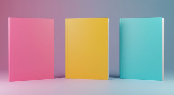 A set of three colorful presentation folders, blank for mockup purposes. They showcase organization, design, and corporate stationery, concept, storage, design