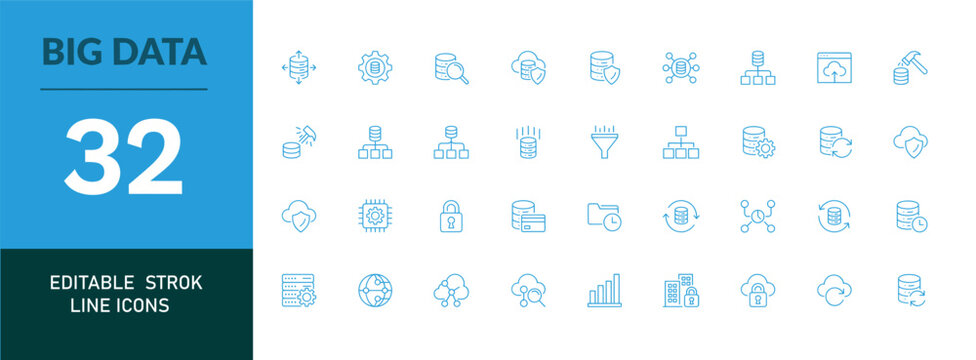 Big data line icon set editable line icons vector illustration