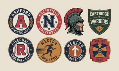 Naklejka premium Collegiate varsity typography and athletic department badges vector set for university apparel
