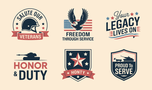 Vintage military veterans labels and patriotic american army badges vector illustration set