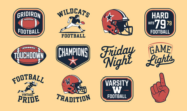 Varsity football sports badges and collegiate team stickers vector illustration set for apparel