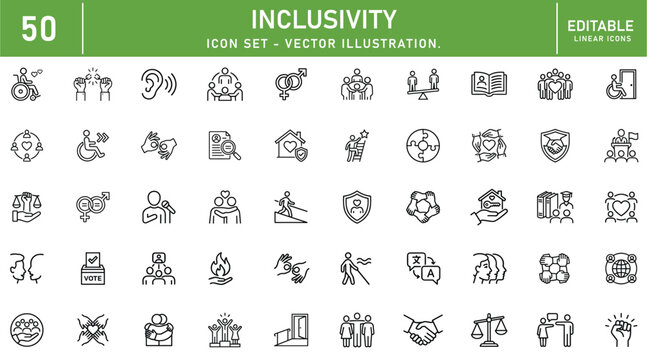 Inclusivity icon set. Diversity and accessibility related line icons: disability support, equal opportunity, inclusive community, social equality. Vector illustration.